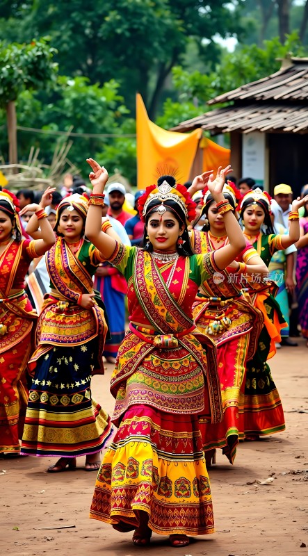 色彩斑斓的民族舞者身着华丽服饰在户外欢快起舞