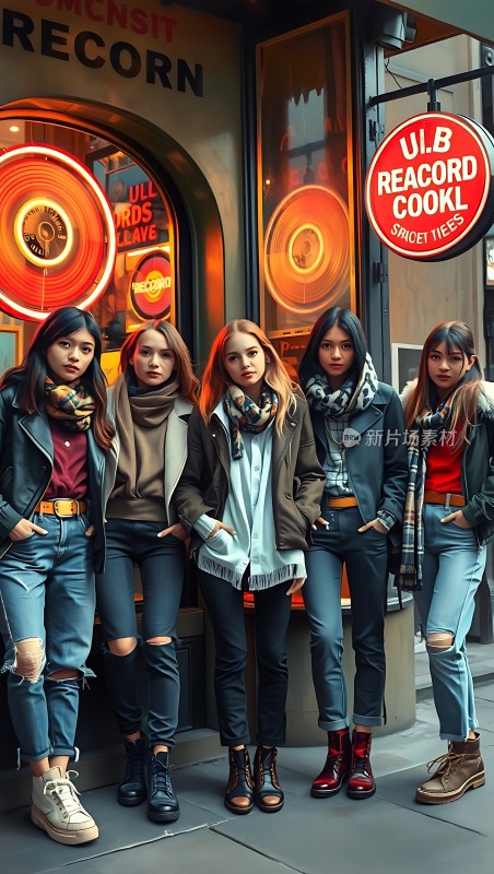 五位时尚女生在UIB唱片店前合影留念