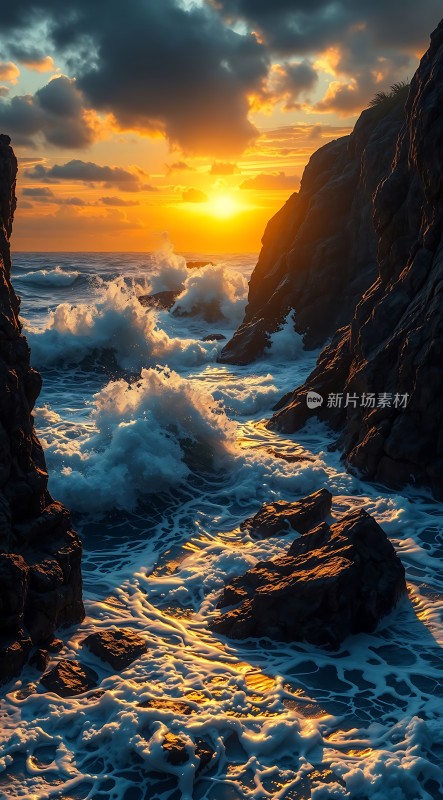 日落时分的海浪与岩石