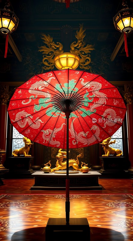 红色龙纹油纸伞下的皇家宝座