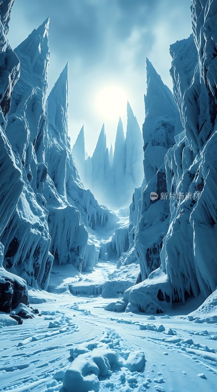 冰封峡谷阳光穿透雪峰