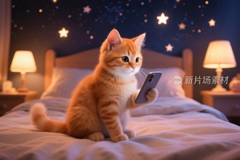 橘猫床上看手机插画