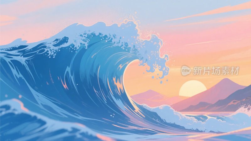 海上日落时的汹涌波浪