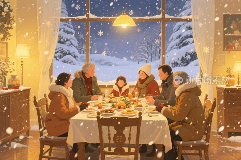 冬日家庭聚餐插画