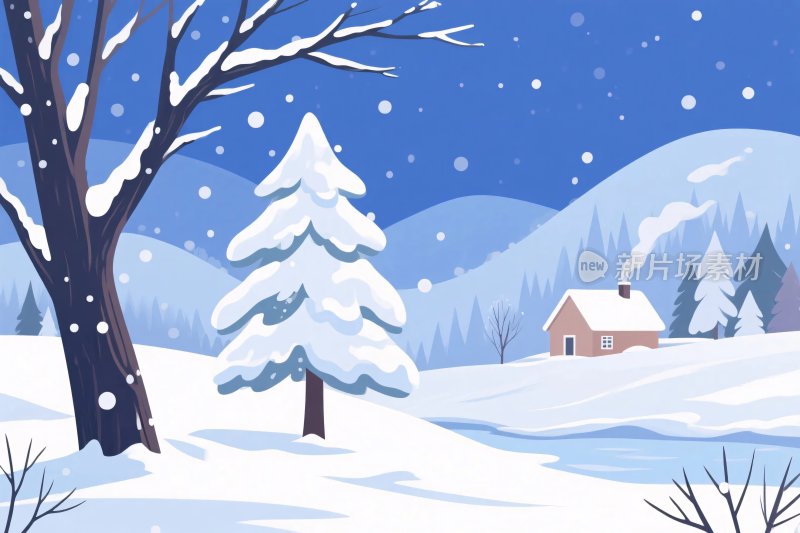 冬季雪景乡村插画