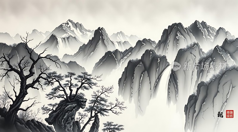 云雾缭绕的山川与古树