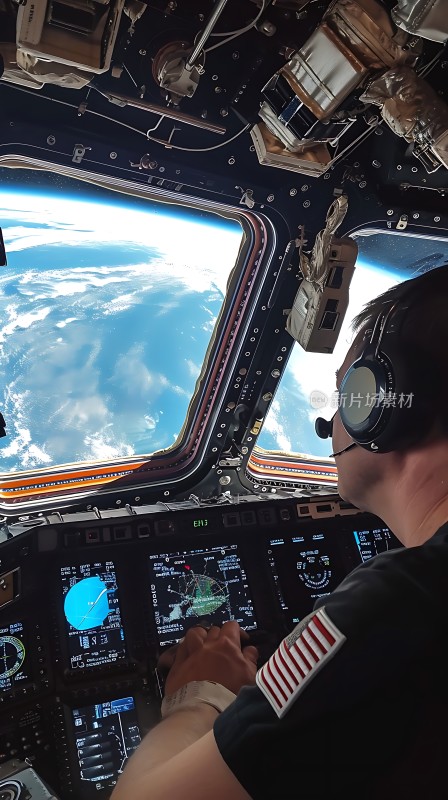 太空舱内视角宇航员操作仪器地球美景尽收眼底