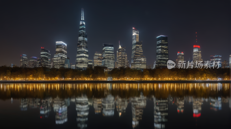 夜景城市天际线湖泊和桥梁