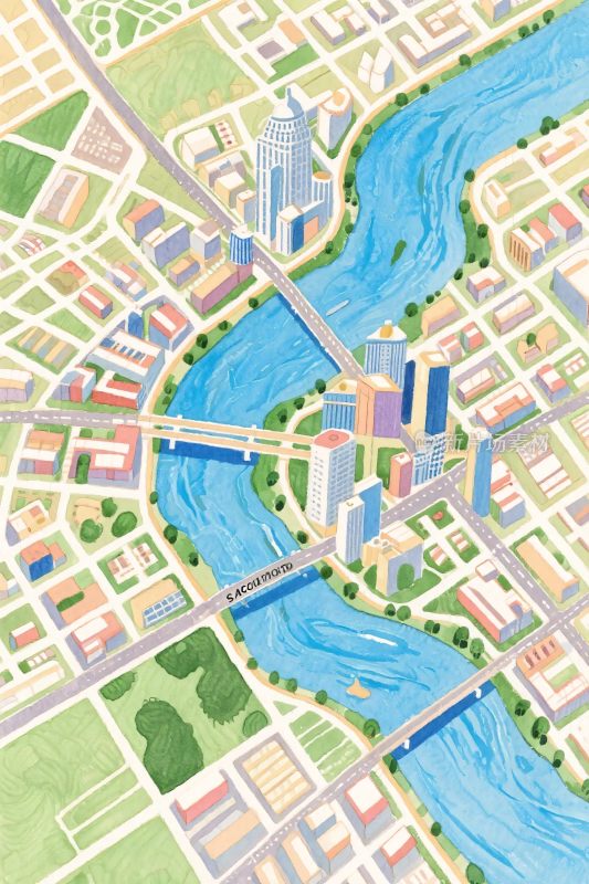 城市手绘地图插画