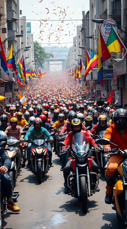 摩托车队游行彩旗飘扬人群聚集节日气氛浓厚