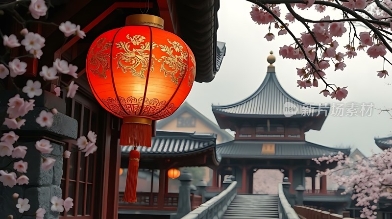 古风建筑樱花灯笼