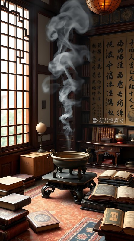 古香古色书房烟雾缭绕书卷间