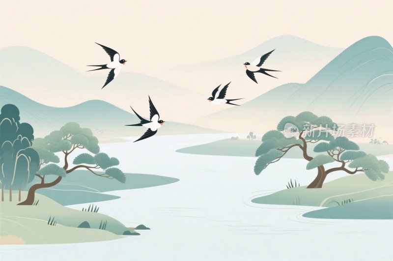 山水飞鸟风景插画