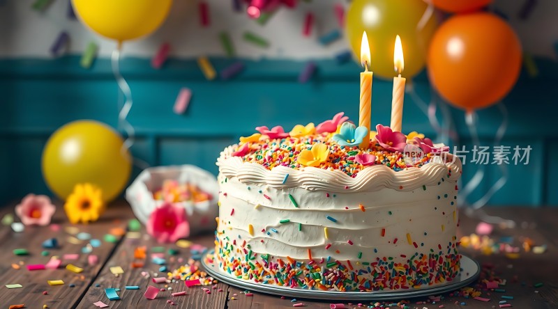生日快乐甜蜜蛋糕与气球共庆贺