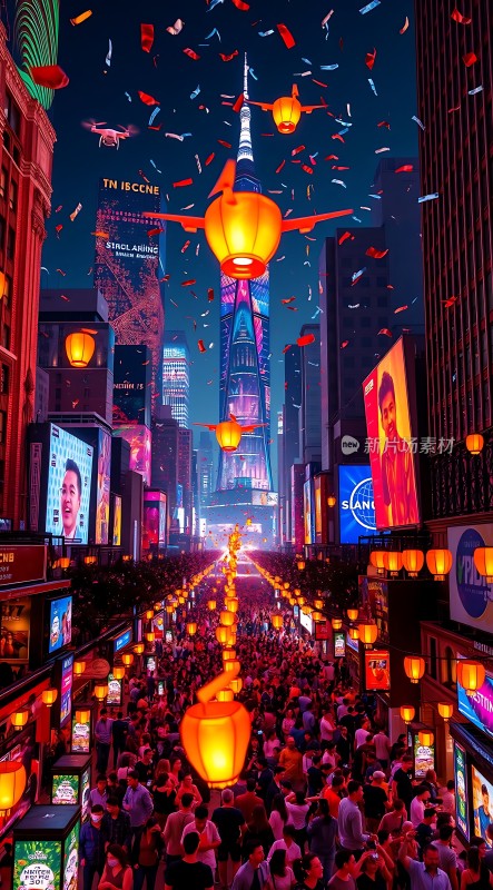 繁华都市夜市灯笼高悬人群熙攘霓虹闪烁