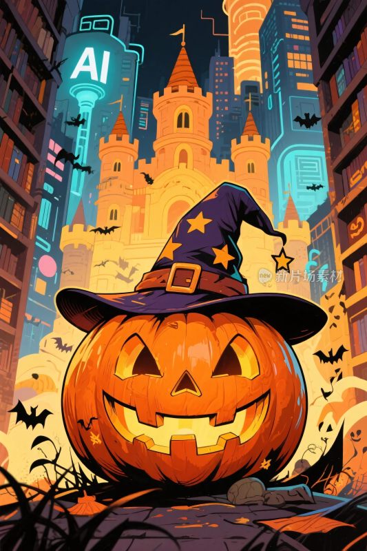 万圣节南瓜灯女巫帽插画