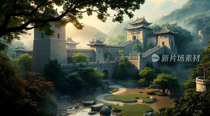 古风建筑山水风景图