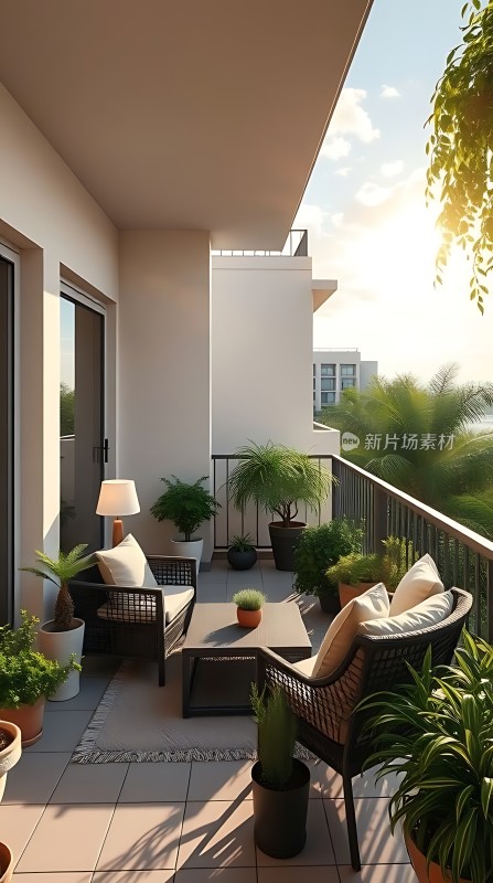 阳光午后绿意盎然的小阳台休闲时光