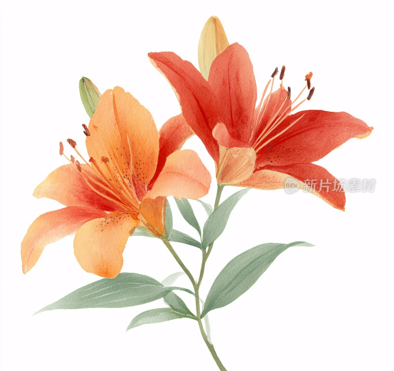 两朵鲜艳的手绘百合花