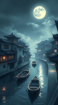 月下古巷水乡船影