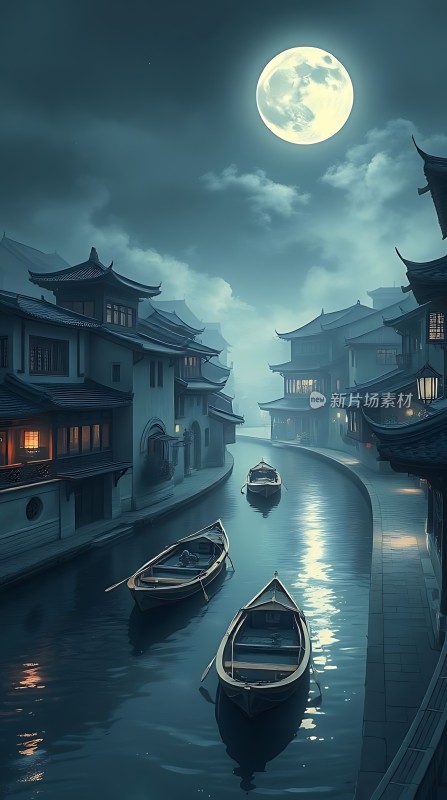 月下古巷水乡船影