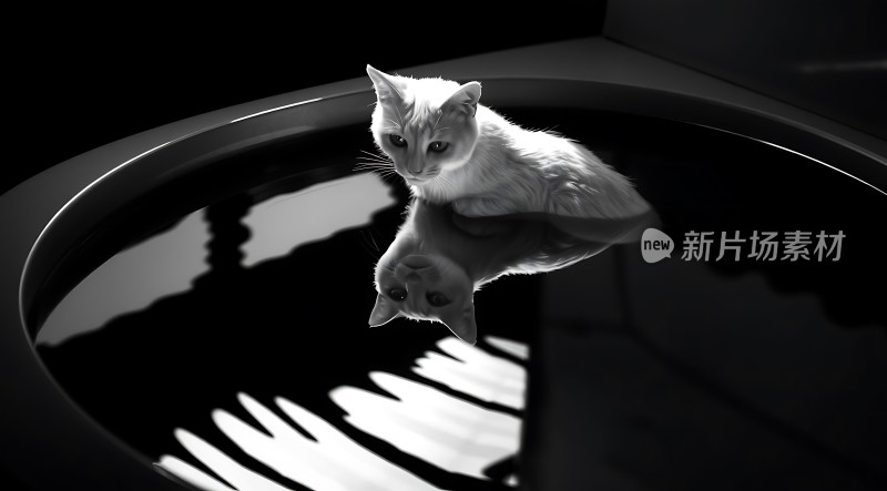 黑白猫影倒映水中神秘而优雅