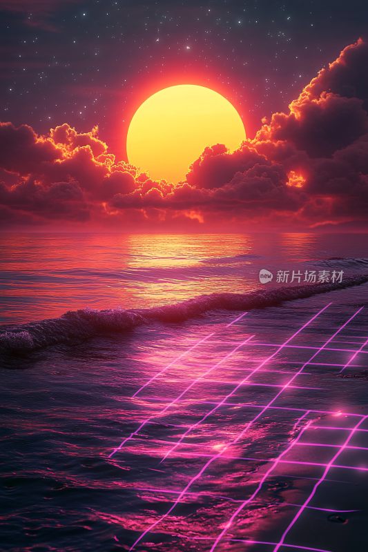 梦幻海边日落与霓虹光线景象