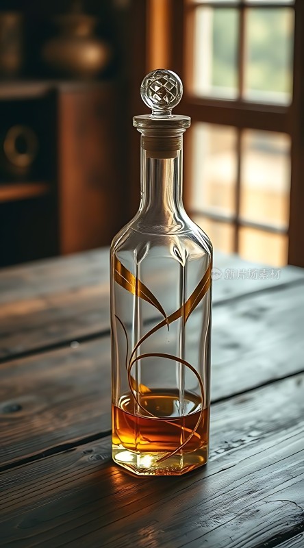 琥珀色酒瓶静置木桌