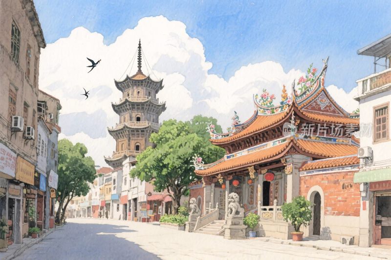 古镇古塔古街插画