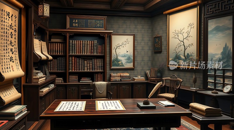 古风书房书卷墨香四溢