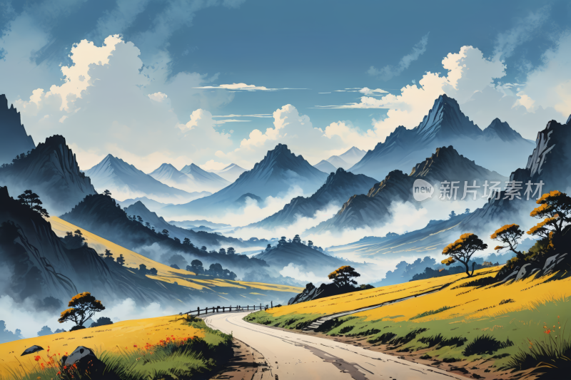 穿过山脉的道路的高清插插图