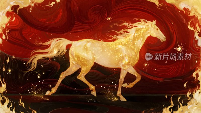 金色骏马奔腾于绚丽背景中
