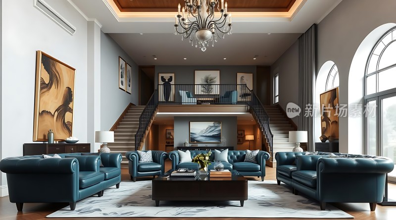 现代豪华客厅深蓝色沙发精美吊灯艺术画作优雅楼梯