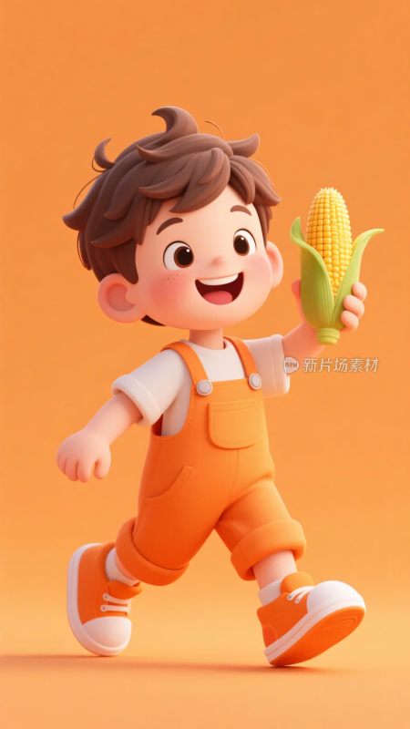 手持玉米奔跑的卡通小男孩