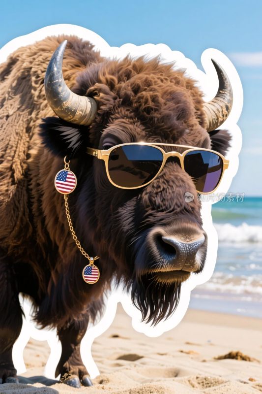 海滩拟人化野牛插画
