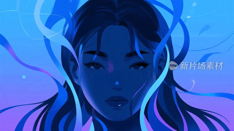 蓝紫色调长发女性插画