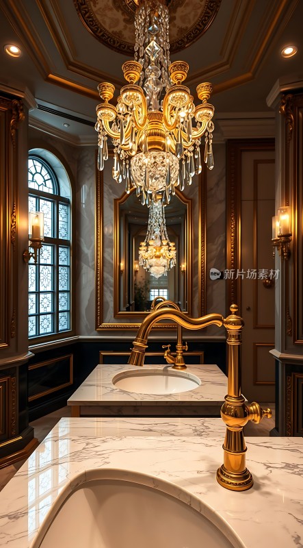 金色吊灯与大理石洗手台