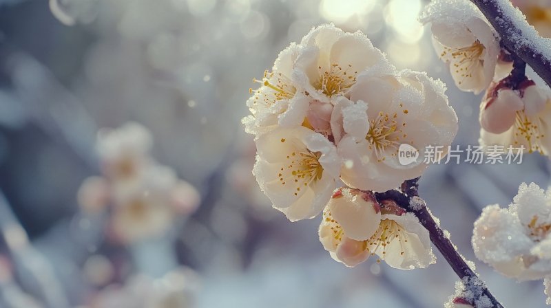 冬天树枝花朵冬季雪景飘雪寒梅