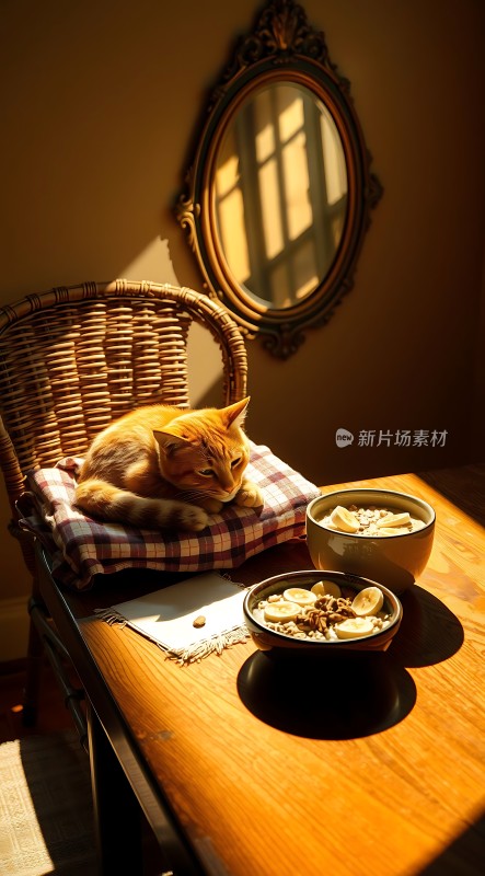 阳光下的橘猫与早餐