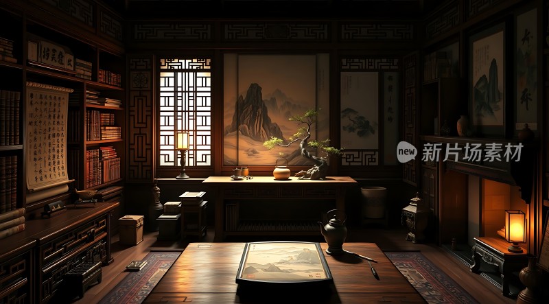 古风书房静谧雅致书卷与墨香交织