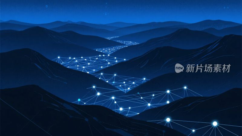 夜景中的山脉与网络线路图