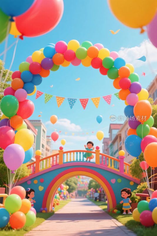 彩色气球拱门童趣场景