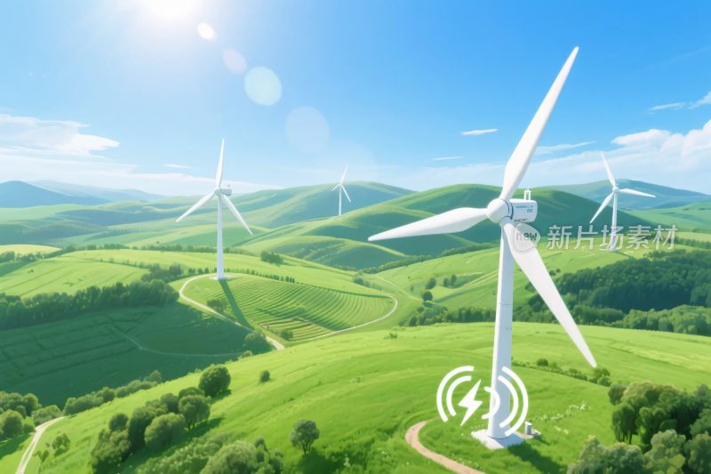 绿色山丘上的风力发电机组
