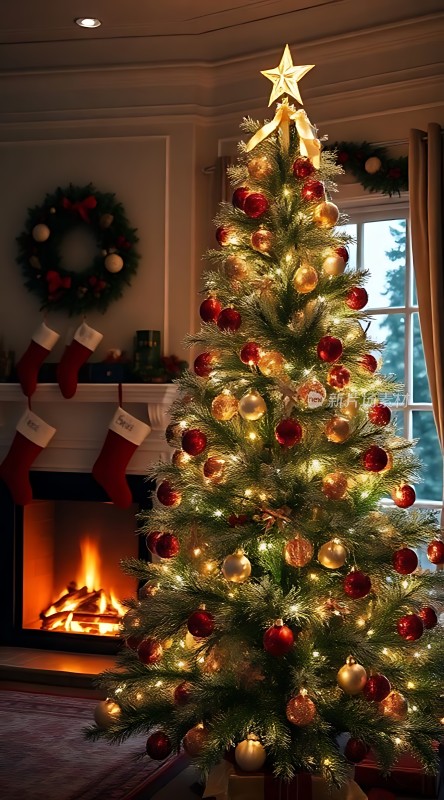 温馨圣诞树壁炉旁的节日氛围