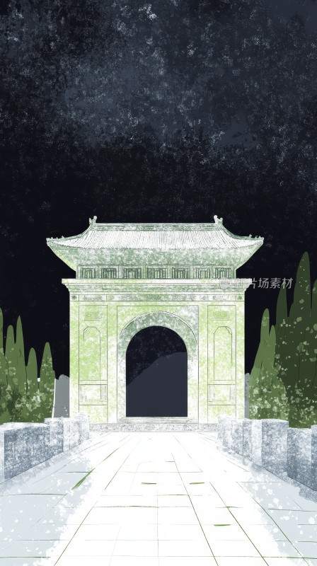 中国传统建筑夜景插画