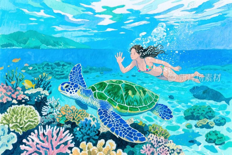 水下与海龟共游