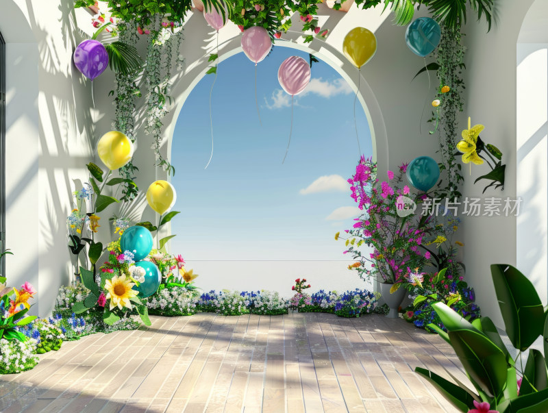 开放式拱门前的植物与彩球装饰空白场地