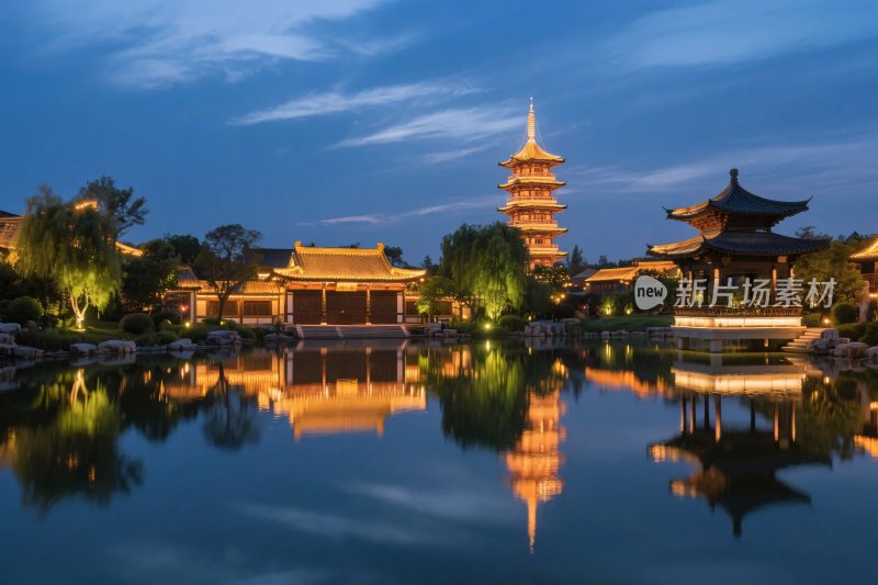 古建筑夜景水景图