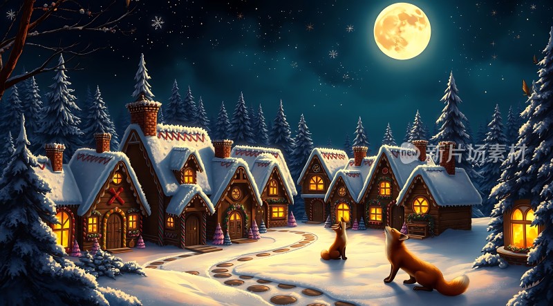 雪夜村庄里的月光下的狐狸