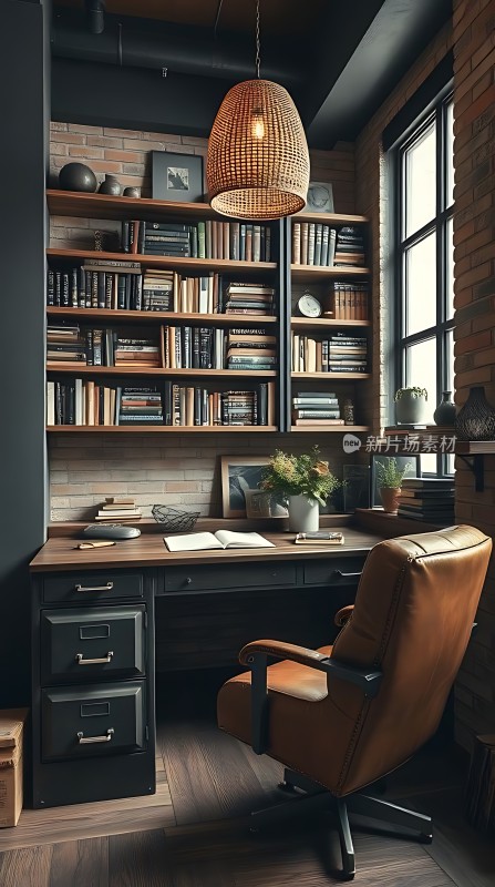 书架、桌椅与吊灯营造温馨书房氛围